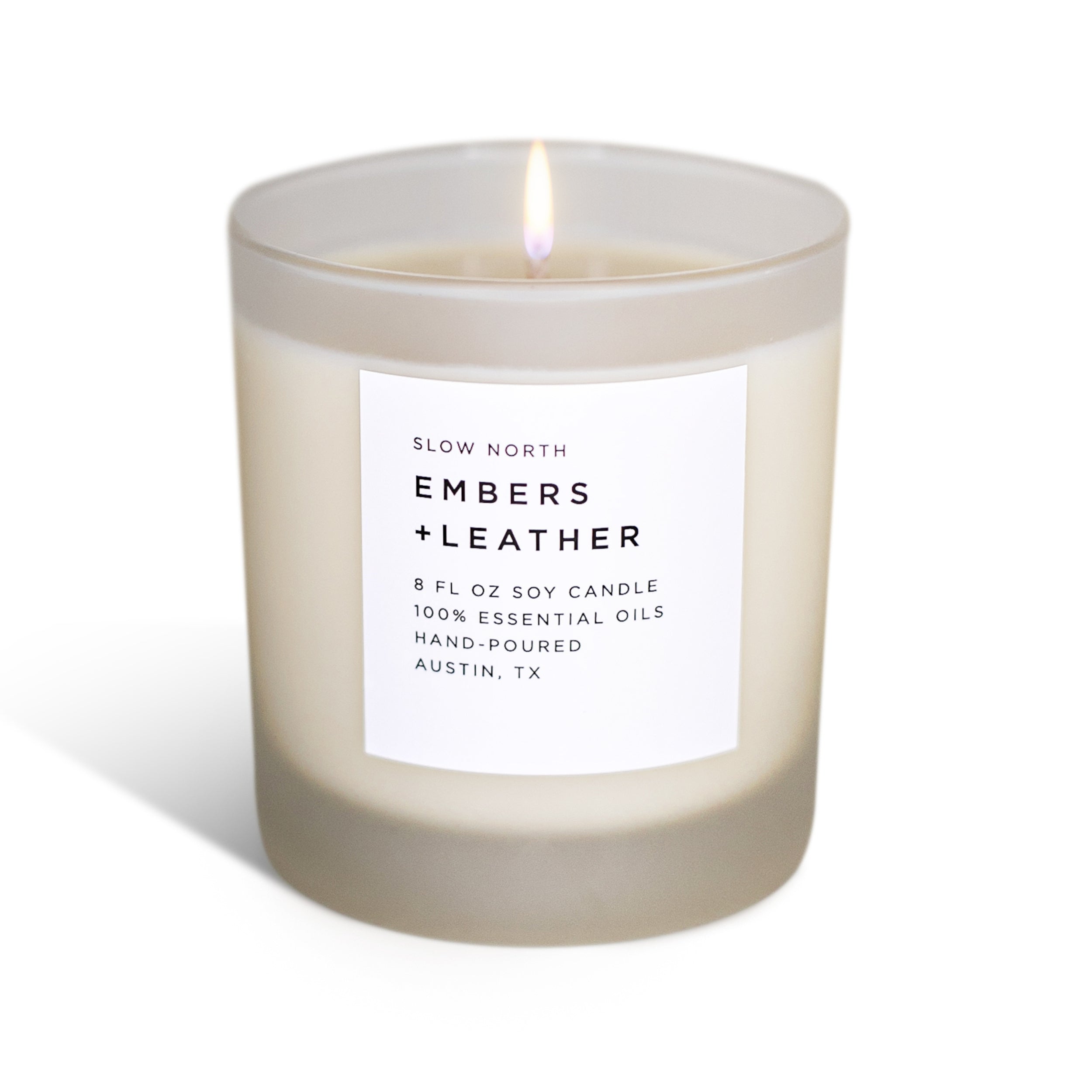 Embers + Leather, a natural essential oil soy candle by Slow North