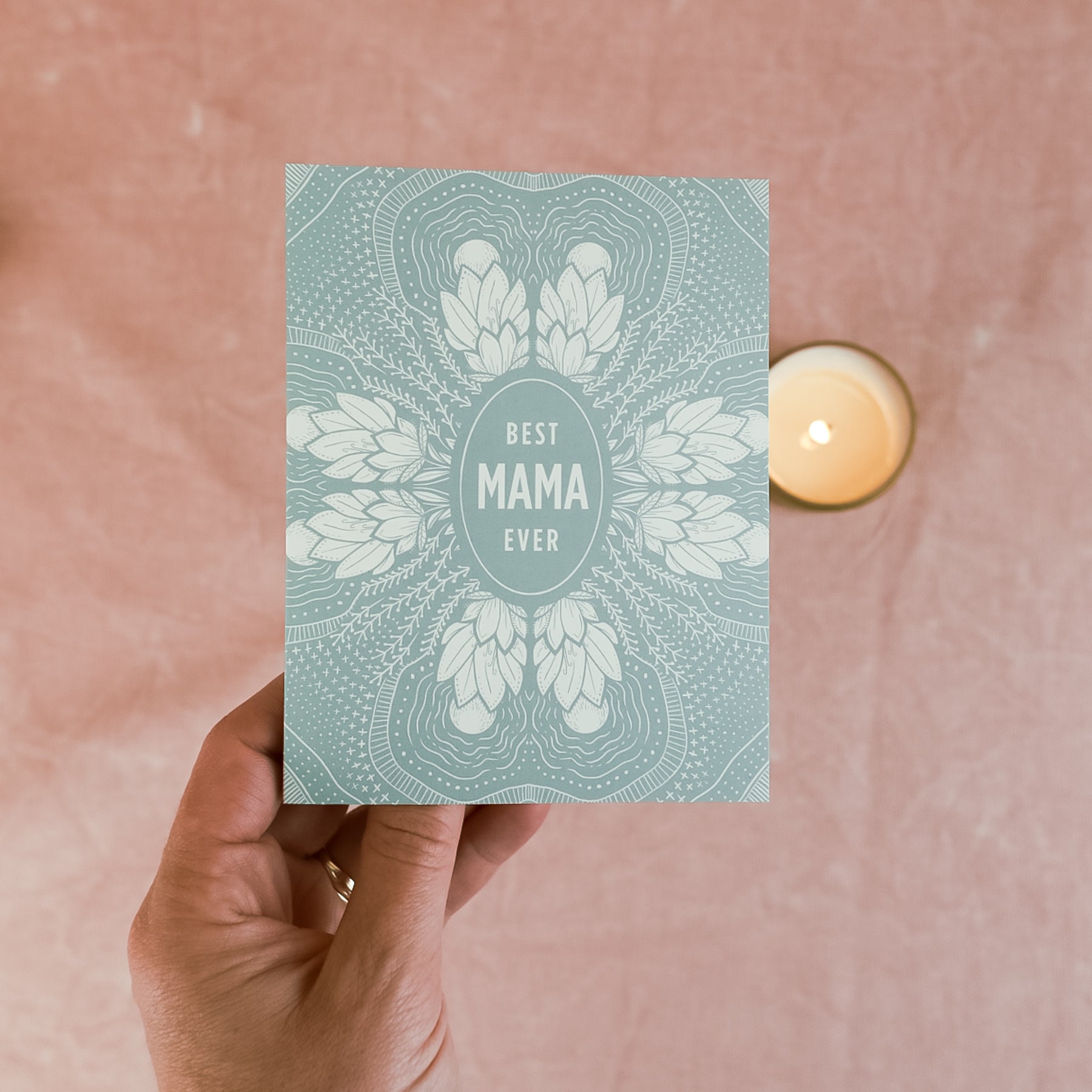 Sea-foam green with floral design Hand drawn 4.25" x 5.5" print greeting card.  Best Mama Ever Card by Slow North